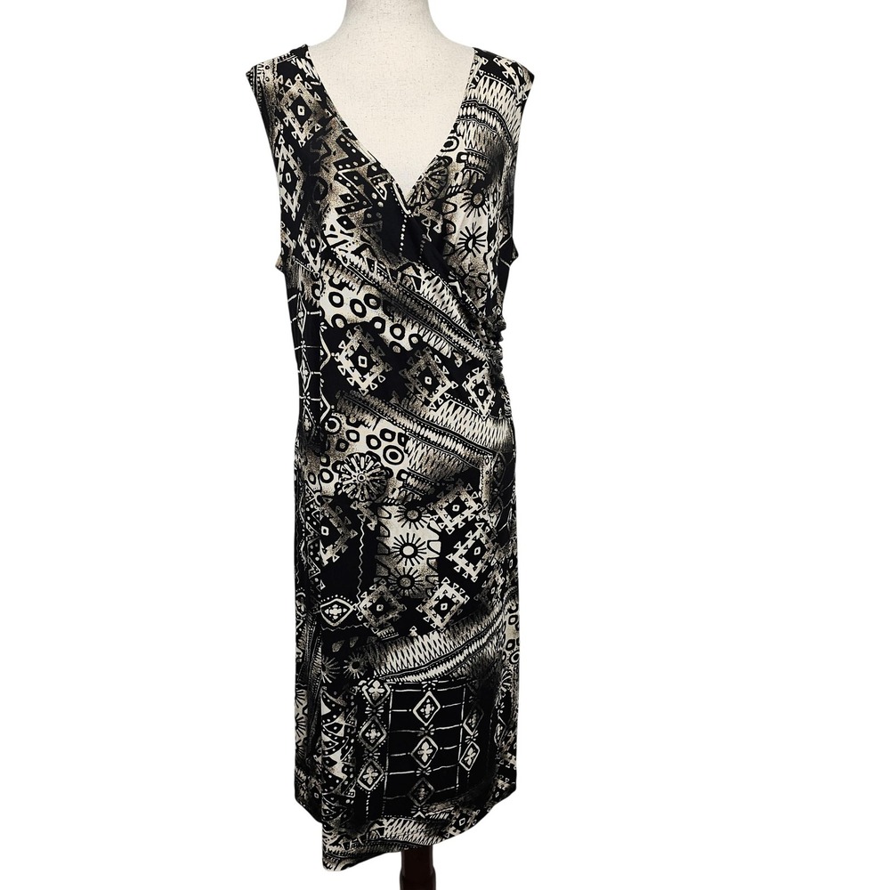 Chicos Travelers Dress Womens 3 Geometric Print Sleeveless V Neck Made in USA